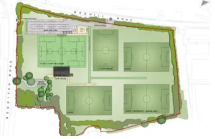 ovedrhead view of future plansd for the hayes training football pitches including grass pitches and a full size 3g astro turf football pitch