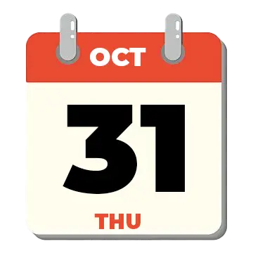 calendar icon to represent the date of the corresponding event hosted at the hayes cafe and bar, this calendar is for the date thursday 31st october 2024